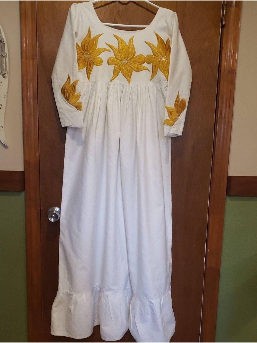 Vintage Handmade White Cotton Maxi Dress with Yellow Floral Embroidery - Picture 2 of 13